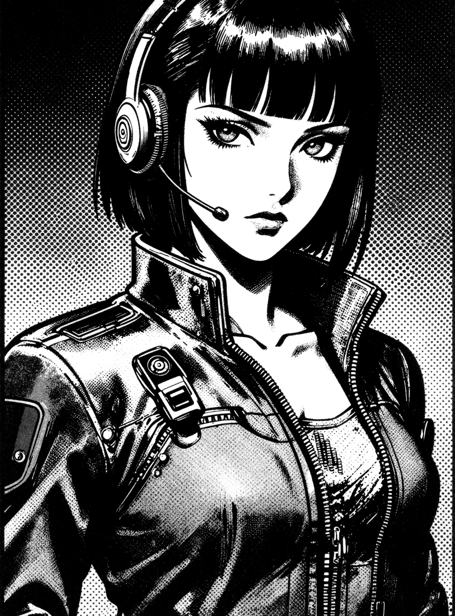 Ink illustration of an analyst wearing a headset, reproduced as a halftone screen